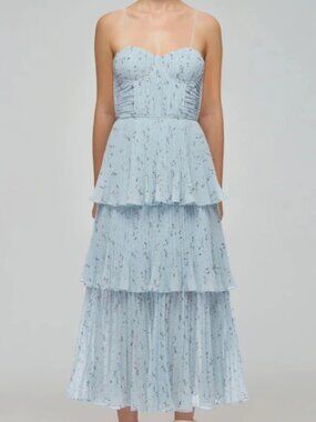 Self-Portrait Metallic Floral Tiered Midi Dress – Blue – Size 6